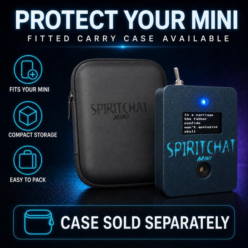 May include: A black rectangular SpiritChat Mini device with a toggle switch, a blue LED, and a screen displaying the text 'in a carriage the father confide won't apologise skull', positioned next to a black zippered carrying case with the logo embossed.