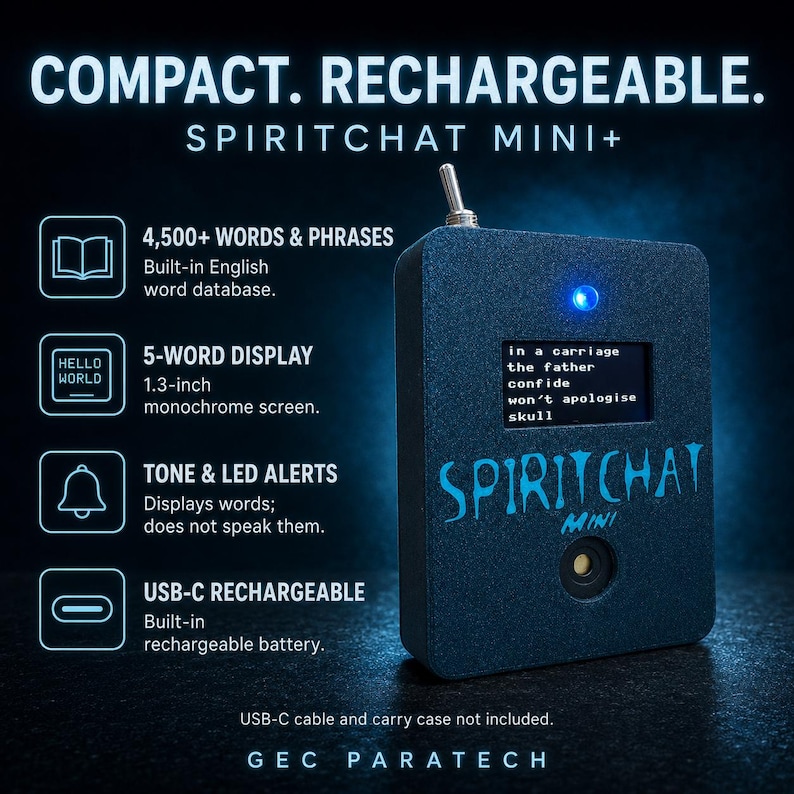 May include: A black SpiritChat Mini+ device with a 1.3-inch monochrome screen displaying text, a blue LED, and a metal toggle switch. The device features the text SPIRITCHAT MINI and lists features including 4,500+ words, tone alerts, and USB-C charging.
