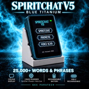 May include: A blue titanium SpiritChat V5 device with a rectangular screen displaying the text SpiritChat, Phonetic, and Voice Scan. The device sits on a white stand and features a colour display, 25,000+ words and phrases, three built-in modes, and a USB-C rechargeable battery.
