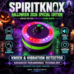 Pode incluir: Um detetor de batidas e vibrações Spiritknox Halloween 2026 Special Edition redondo em roxo e verde néon. O dispositivo possui um botão central preto, um anel de luzes LED multicoloridas e texto detalhando as suas capacidades de deteção.
