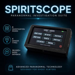 May include: A black rectangular SpiritScope paranormal investigation device with a touchscreen interface displaying modes like Spirit Sweep, EMF Meter, and SpiritChat. The screen shows 28,000+ word database, 8 investigation modes, and 4 sensor types.