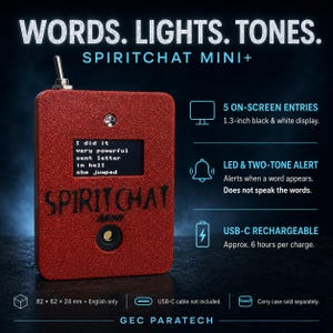 May include: A red glittery SpiritChat Mini+ device with a toggle switch, a 1.3-inch black and white display showing text, and a circular button. Features include 5 on-screen entries, LED and two-tone alerts, and USB-C charging. Dimensions are 82 x 62 x 24 mm.