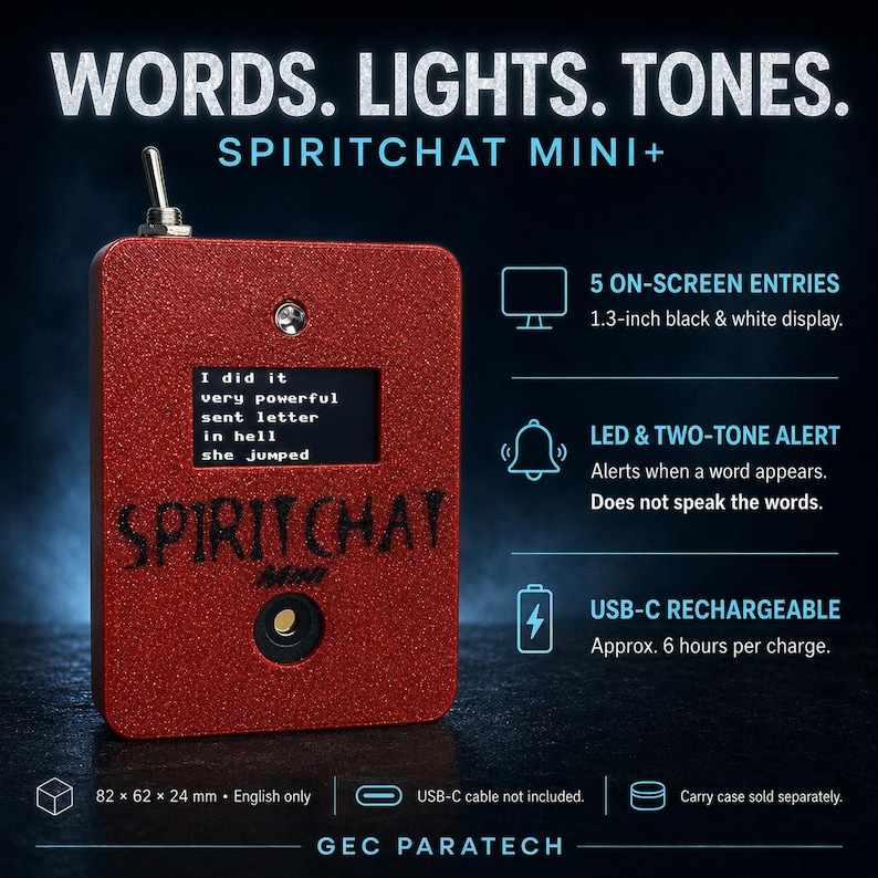 May include: A red glittery SpiritChat Mini+ device with a toggle switch, a 1.3-inch black and white display showing text, and a circular button. Features include 5 on-screen entries, LED and two-tone alerts, and USB-C charging. Dimensions are 82 x 62 x 24 mm.