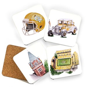 May include: Set of four square coasters featuring images related to Georgia Tech. The coasters feature a football helmet, a vintage car, a building with the word "TECH" on it, and a view of Bobby Dodd Stadium. The coasters are white with a cork backing.