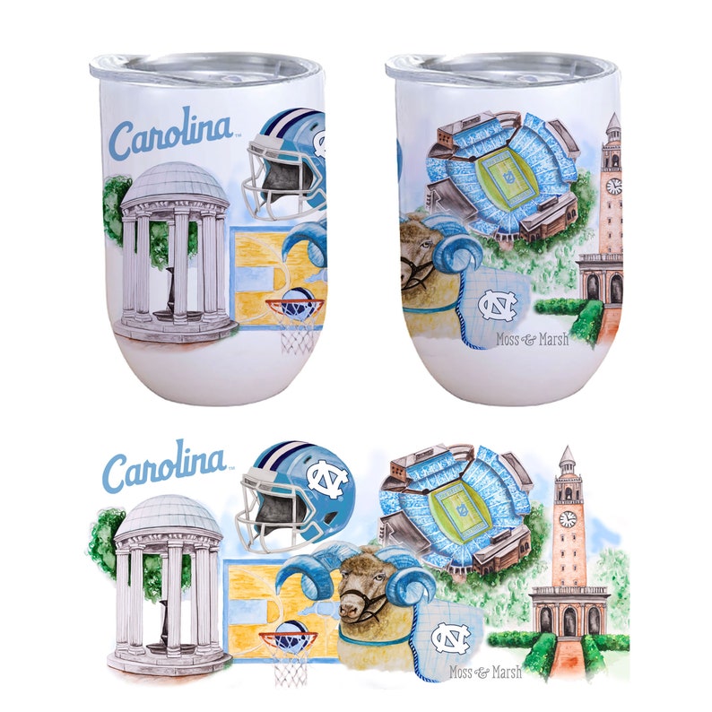 Może przedstawiać: Biały kubek ze stali nierdzewnej z kolorowym wzorem przedstawiającym logo University of North Carolina Tar Heels, maskotkę szkoły, stadion piłkarski i Old Well. Kubek ma napis "Carolina" i "Moss & Marsh".