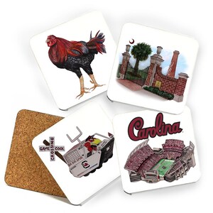 May include: Set of four square coasters featuring images related to the University of South Carolina. One coaster features a red and black rooster, another shows a brick gate with a palm tree, a third has a cartoon mascot driving a vehicle with the words "Gamecock Crossing", and the last coaster shows a red and white stadium with the word "Carolina" in red.