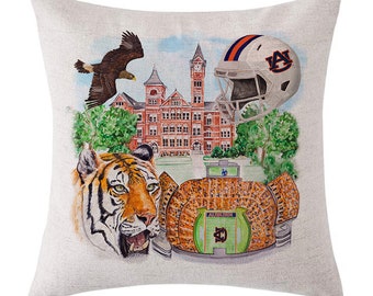Auburn University Pillow - Auburn University Watercolor Printed Pillow - AU Watercolor Collage Pillow