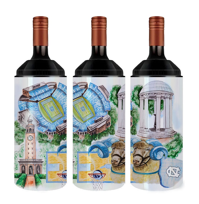 May include: Three white insulated wine bottle coolers with a blue and white design featuring a college campus, a football stadium, a basketball court, and a ram. The design also includes the words "UNC" and "Tar Heels".