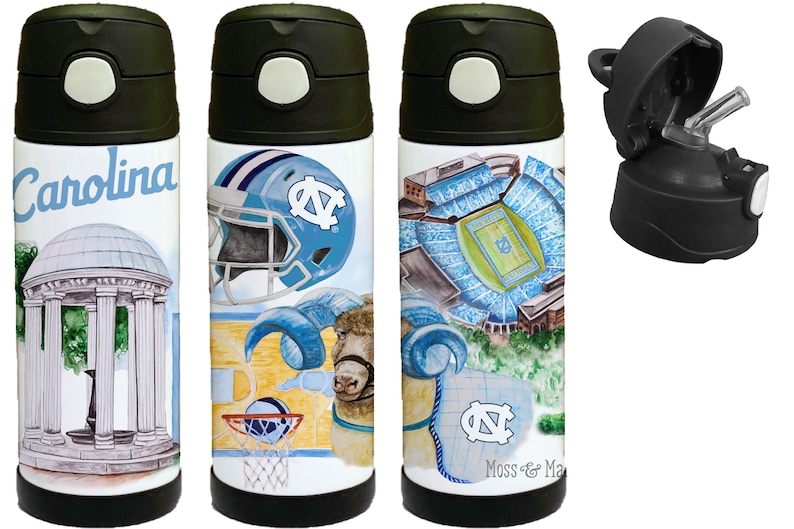 May include: Three stainless steel water bottles with different designs featuring the University of North Carolina Tar Heels logo and imagery. The designs include the school's iconic bell tower, a football helmet, a basketball hoop, a ram mascot, and a view of the football stadium. The bottles have black lids with a straw lid.