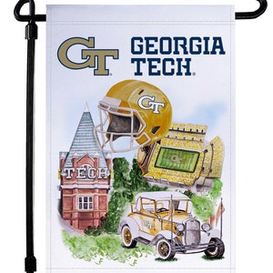 May include: A white garden flag featuring Georgia Tech imagery. The flag displays the Georgia Tech logo, a football helmet, a stadium, a vintage car, and a building. The words "GEORGIA TECH" are printed in navy blue.