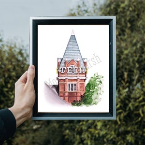 May include: Watercolor painting of a red brick building with a tall, pointed roof. The building has a sign that says "TECH" in yellow letters. The building is surrounded by green foliage.