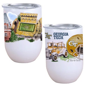 May include: Two white stainless steel tumblers with lids. The tumbler on the left has a graphic of a football stadium and the words "Georgia Tech". The tumbler on the right has a graphic of a vintage car, a football helmet, and the words "Georgia Tech".