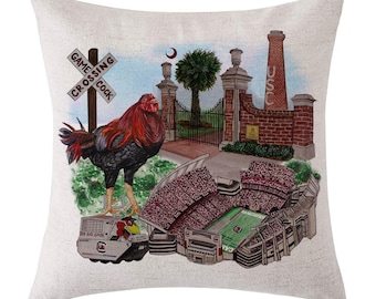 Almohada de collage de acuarela de la Universidad de Carolina del Sur