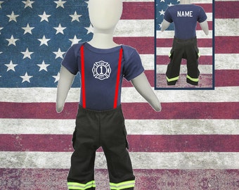 Firefighter Personalized BLACK 2-Piece Baby Birthday Outfit with Black Pants