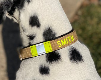 Firefighter Personalized TAN Dog Collar with Authentic Turnout Material Feature Lime-Yellow Reflective and Metal Buckle Closure