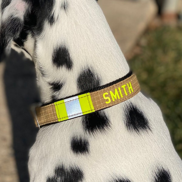 Firefighter Personalized TAN Dog Collar with Authentic Turnout Material Feature Lime-Yellow Reflective and Metal Buckle Closure