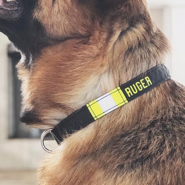 Firefighter Personalized BLACK Dog Collar with Authentic Turnout Material Feature Lime-Yellow Reflective and Metal Buckle Closure