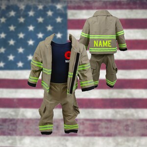 May include: A tan firefighter costume for a child, with a jacket, pants, and a blue undershirt. The jacket has reflective yellow stripes and the words "NAME" on the back.