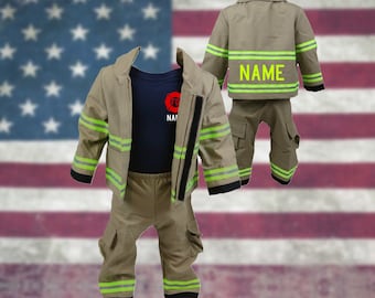 Personalized Firefighter Baby 3PC TAN Outfit Costume with RED Maltese Cross