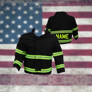 May include: Black firefighter jacket with reflective yellow stripes and the word "NAME" on the back. The jacket is in front of an American flag.