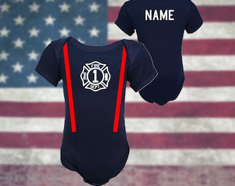Firefighter Personalized Baby Navy Bodysuit with BIRTHDAY Maltese Cross