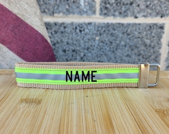 Firefighter Personalized TAN Wristlet Keychain Handmade with Soft Nylon Webbing Lime-Yellow Reflective and Metal Clasp