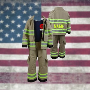 Firefighter Personalized TAN Toddler 3PC Outfit Costume with RED Maltese Cross