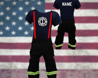 Firefighter Personalized BLACK 2PC Baby BIRTHDAY Outfit