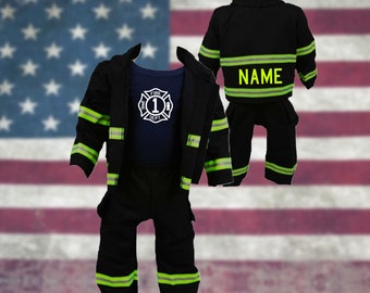 Firefighter Personalized Baby 3PC BLACK Outfit Costume with Birthday Maltese Cross