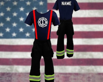 Firefighter Personalized Toddler 2PC BLACK Outfit Costume with BIRTHDAY Maltese Cross