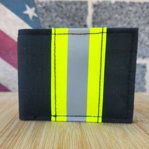 Firefighter BLACK Turn-out Gear Yellow Reflective Bi-Fold Leather Wallet with Optional Personalization