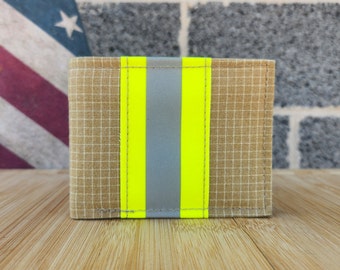 Firefighter TAN Turn-out Gear Yellow Reflective Bi-Fold Leather Wallet with Optional Personalization