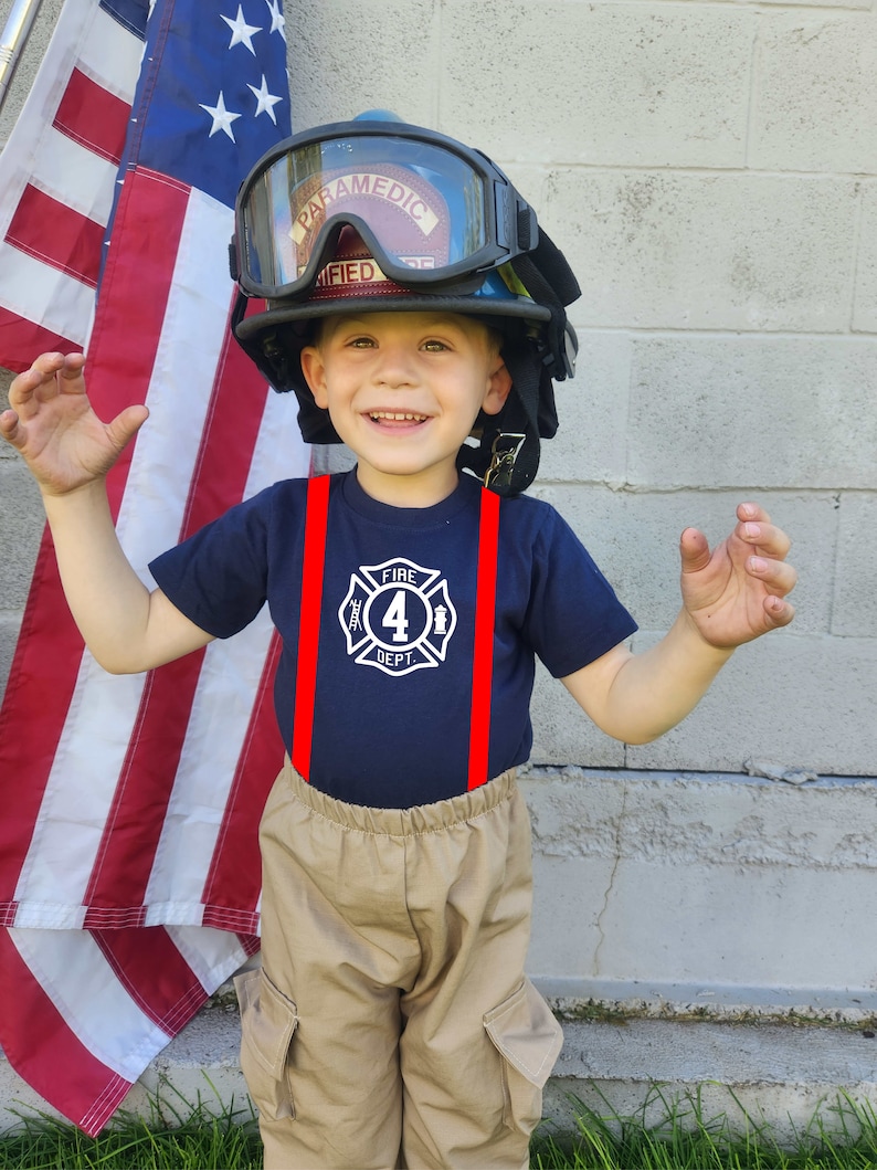 Personalized Firefighter Toddler 3PC TAN Outfit Costume with BIRTHDAY Maltese Cross Bild 3