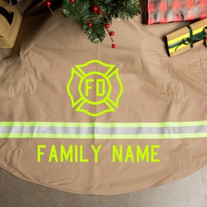 Firefighter Personalized TAN Fire Station Holiday Christmas Tree Skirt Decor