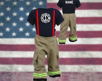Firefighter Personalized TAN 2PC Baby BIRTHDAY Outfit