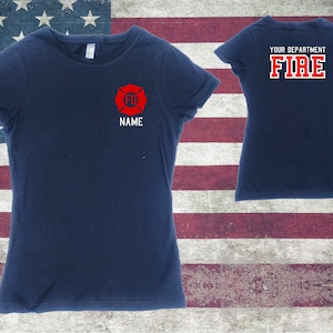 Adult WOMEN&#39;S Firefighter Personalized Navy RED Maltese Cross Shirt