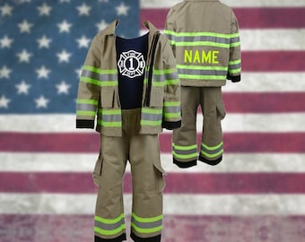 Personalized Firefighter Toddler 3PC TAN Outfit Costume with BIRTHDAY Maltese Cross