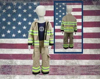 Personalized Firefighter Toddler 3PC TAN Outfit Costume with BIRTHDAY Maltese Cross