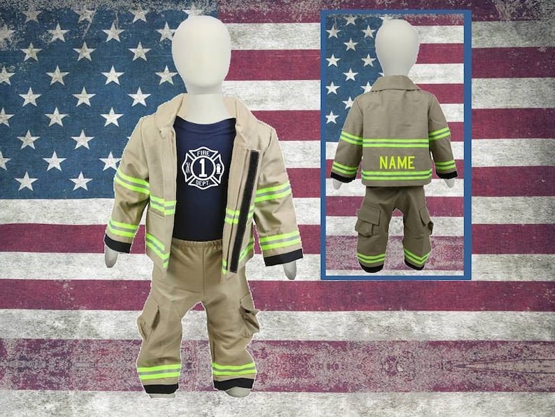 Firefighter Personalized TAN 3-Piece Baby Birthday Outfit