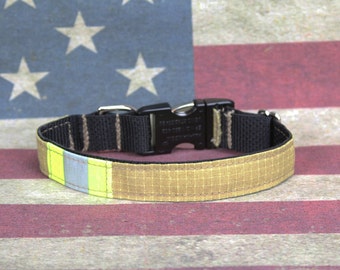 Firefighter Personalized TAN Dog Collar with Metal Buckle and Real Turnout Material
