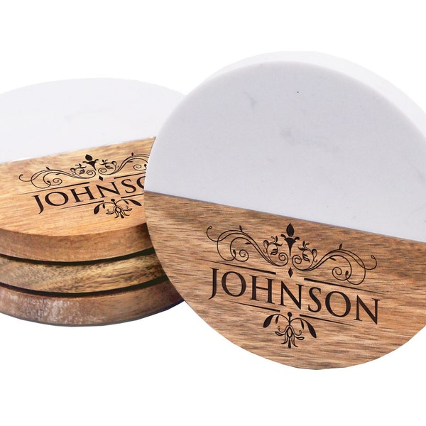 Custom Marble and Wood Coasters - Marble and Acacia Coasters Personalized - Coasters for Engagement - Wedding Coasters Wooden for Table