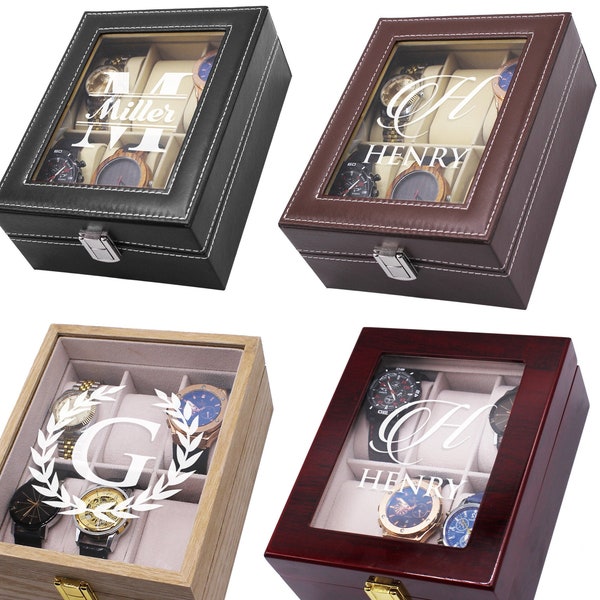 Personalized 6 Slot Watch Box - Wood Watch Box - Wooden Watch Case Glass Lid - Custom Engrave 10 Watch Box - 6 Watch Case - 10 Watch Box