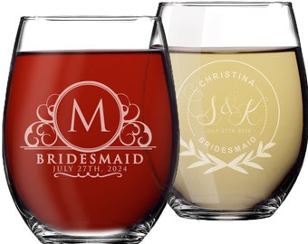 Custom Stemless Wine Glasses, Personalized Wine Glasses, Bridesmaid Gift, Bridesmaid Wine Glasses, Etched Wine Glasses, Custom Wine Glasses