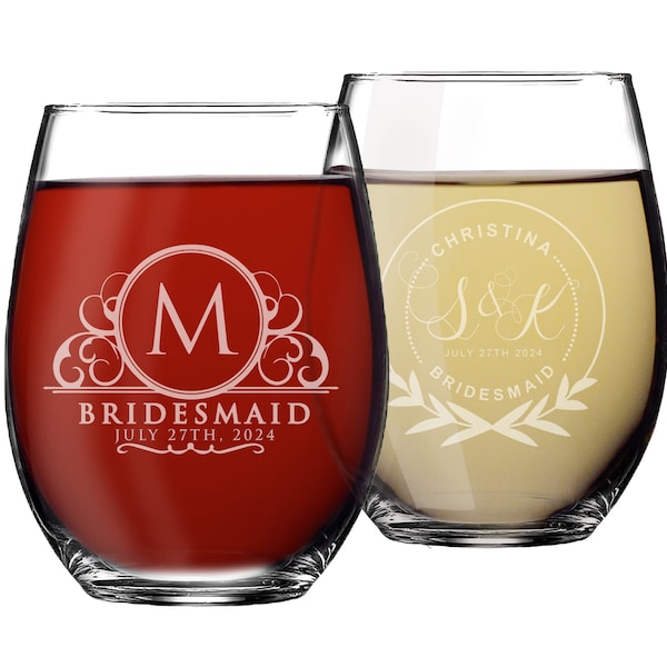 Custom Stemless Wine Glasses, Personalized Wine Glasses, Bridesmaid Gift, Bridesmaid Wine Glasses, Etched Wine Glasses, Custom Wine Glasses