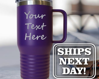 Personalized 20 oz Large Insulated Coffee Mug with Handle - Custom Engraved for Free with Any Text - Coffee Mug with Handle and Lid