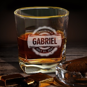 Personalized Gold Rim Whiskey Glass, Etched Whiskey Glasses with Gold Rim, Custom Glasses with Gold Accents, Square Rocks Glasses with Gold