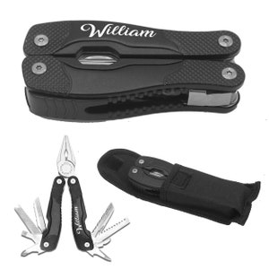 May include: Black multi-tool with a silver blade and a black nylon carrying case. The multi-tool is open and the blade is extended. The multi-tool has the name "William" engraved on it.