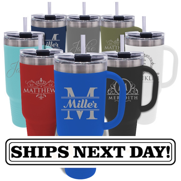 Personalized 40 oz Tumbler with Handle and Straw - Customized Vacuum Insulated Stainless Steel Large Tumbler Cup