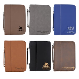 May include: Six leather Bible covers in various colors: brown, gray, blue, tan, black, and dark brown. Each cover features a handle, zipper closure, and personalized text with religious symbols and names like "Jason Jones" and "Mark Williams."