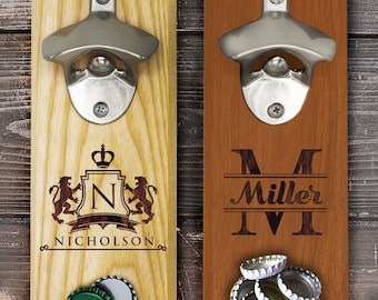 Magnetic Bottle Opener, Cap Catcher, Groomsmen Wall Bottle Opener, Personalized Wall Mounted Bottle Opener and Cap Catcher